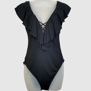 La Blanca Island Goddess Ruffle Plunge One Piece Swimsuit Black Size 12